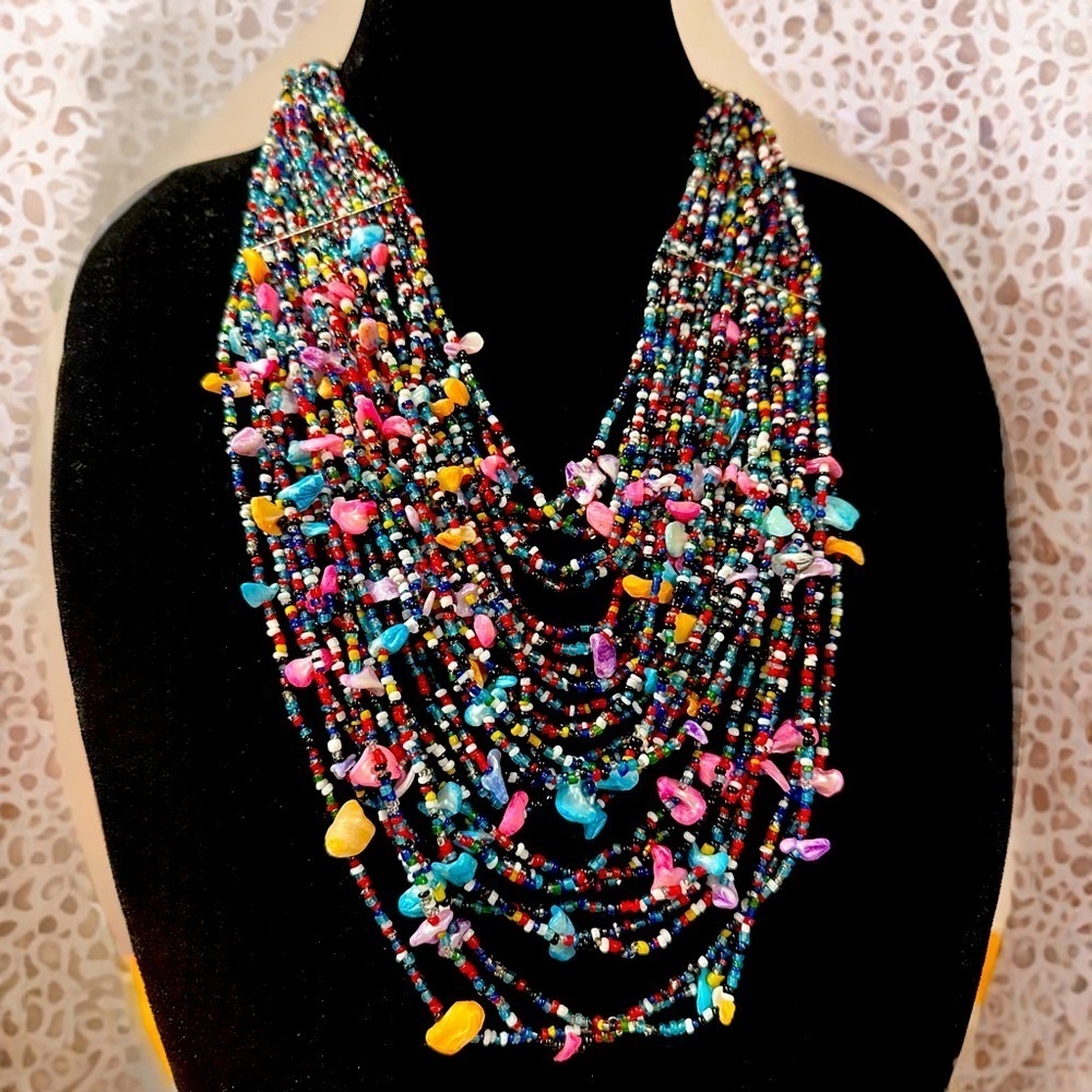 Multi-strand Shells & Seed Beads Multicolored Bib Necklace Layered Bright Pastel - Picture 2 of 15